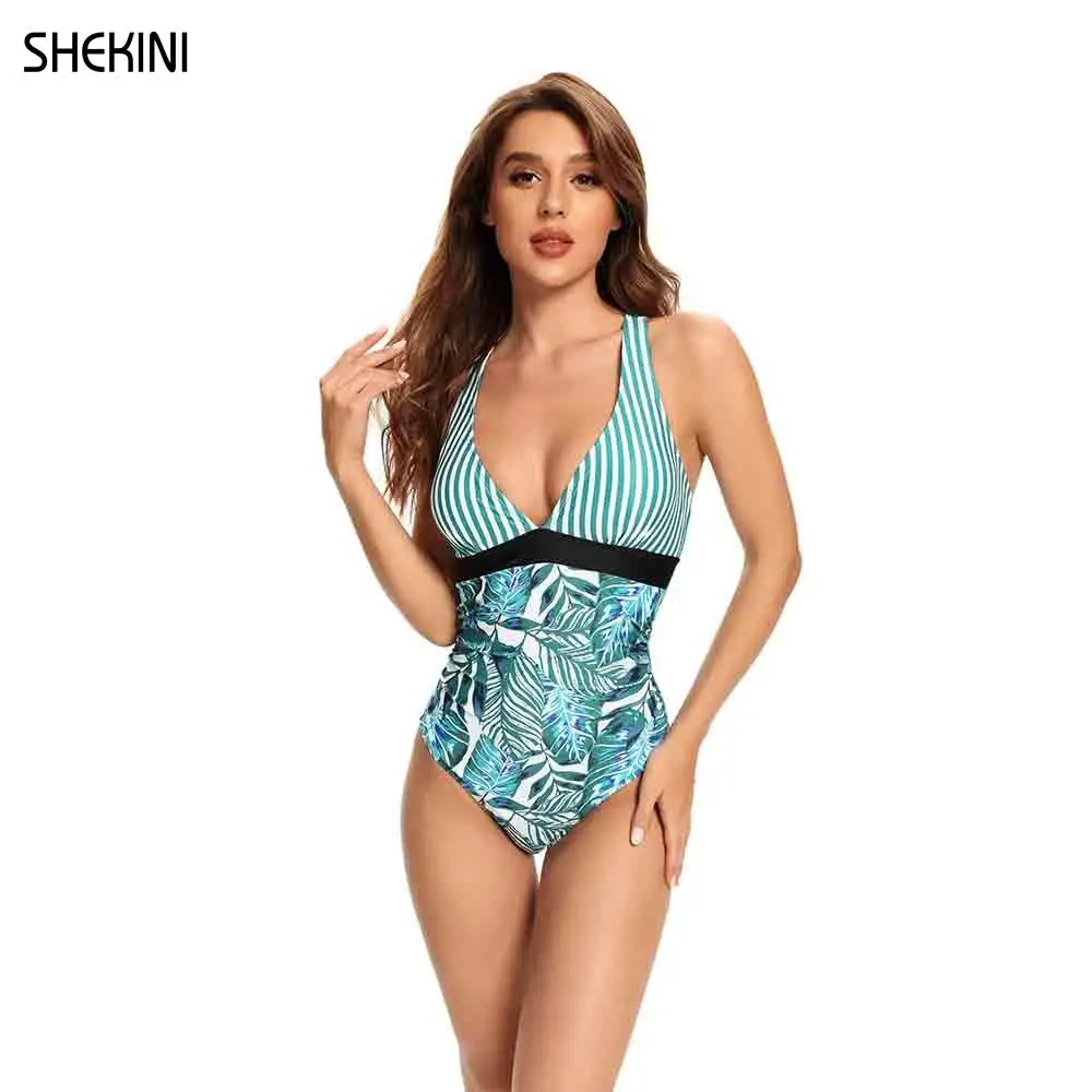 

SHEKINI Women's One Piece Swimsuit Tummy Control V Neck Bathing Suits Crisscross Shoulder Straps Deep V Neck Swimwear Beachwear