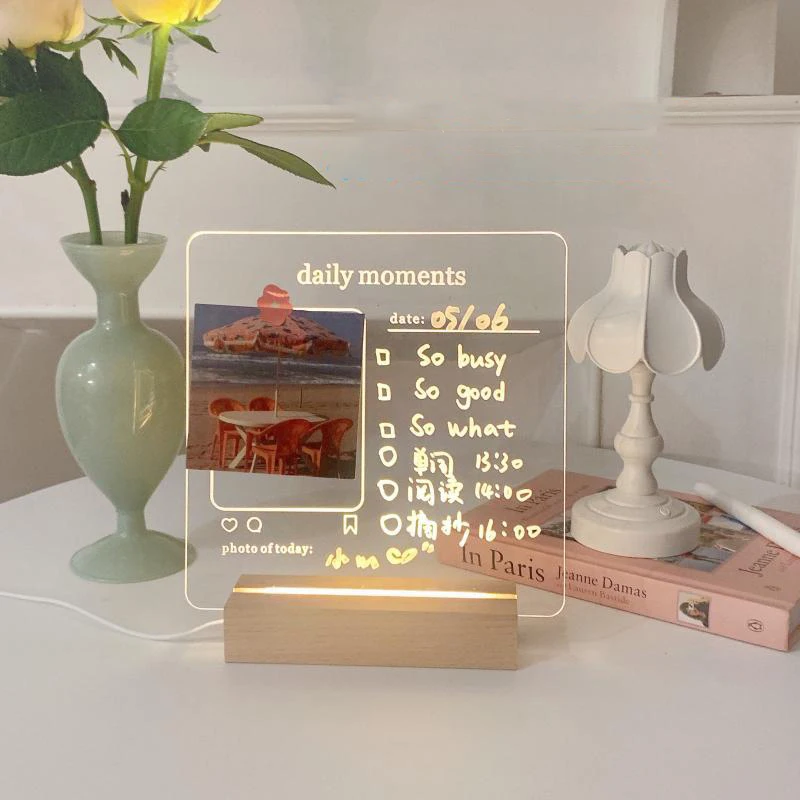 Transparent Acrylic Plug-In Luminescent Note Board Desktop Memo Polaroid Decorative Board Night Light Room Decoration