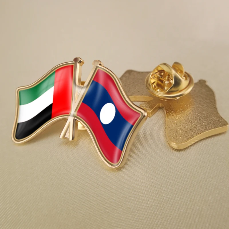 Lao People's Democratic Republic and United Arab Emirates Crossed Double Friendship Flags Lapel Pins Brooch Badges