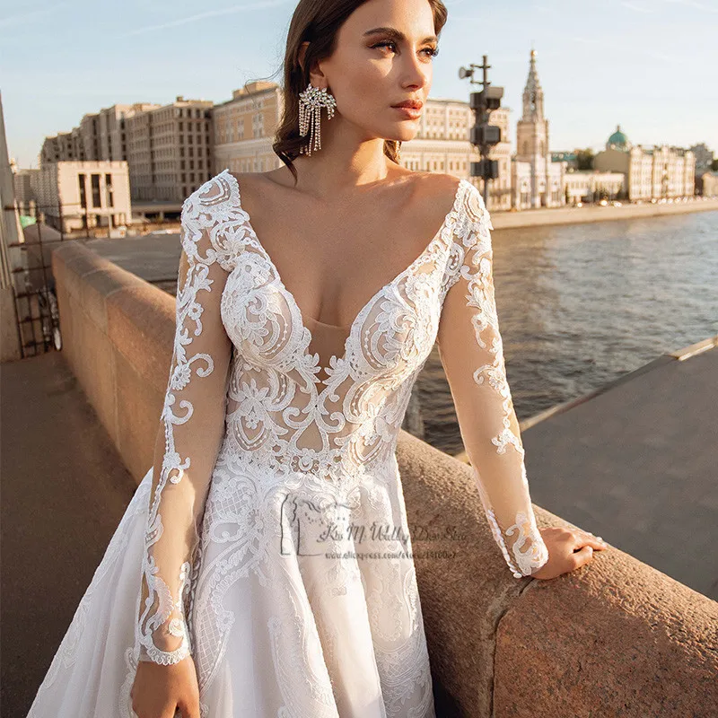 Vestido de novia de Manga larga, ropa de Novia de encaje, Vintage, 2021