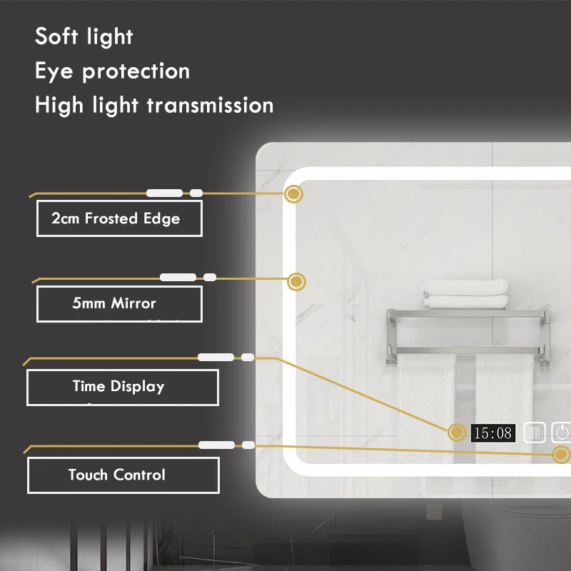 50x70cm Rectangle LED Bathroom Mirror Light Demisting Smart Backlit Mirror For Makeup Wall-Mounted Bedroom Decorative Mirror