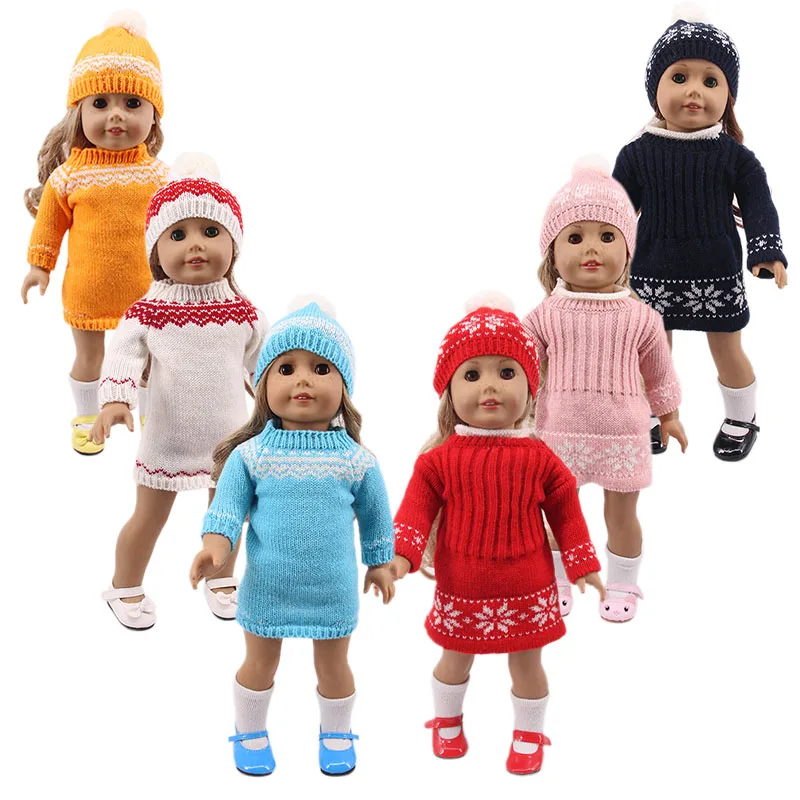 Doll Clothes 10 Solid Colors Sweater Knitted Hat+Snowflake Dress For 18 Inch American Doll&43 Cm Born Doll Generation Girl`s Toy