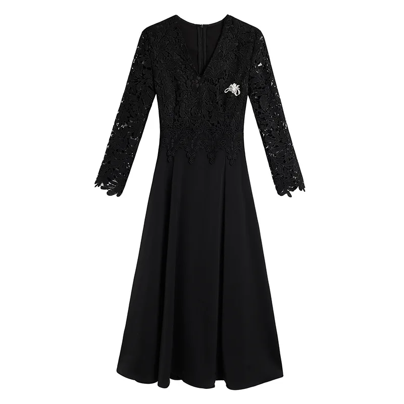 2020 Spring and summer new fashion women dress V Neck long sleeve lace little black dresses hollow out casual mid Dress