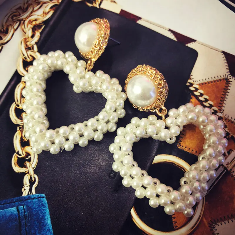 Fashion Luxury Brand Design Heart Earring Jewelry Handmade Pearls Heart-shaped Big Drop Earrings