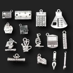 10pc School Supplies Book Bachelor Cap Ruler Pen Diplom Calculator Protractor Pendant DIY Charm Graduation Jewelry Crafts Making