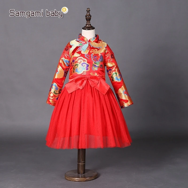 

New Year's Little Baby Girls bowknot Dresses Kids Girl Chinese Style Gown Red Cheongsam Formal Dragon Print Formal Dress 2-8Y