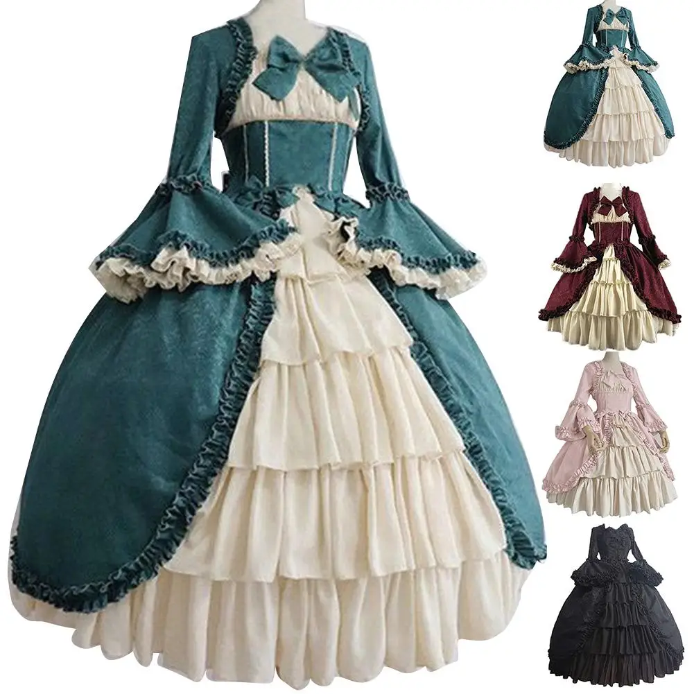 80% HOT SALES！！！Lady Retro Square Neck Tight Waist Bowknot Medieval Dress Cosplay Party Costume