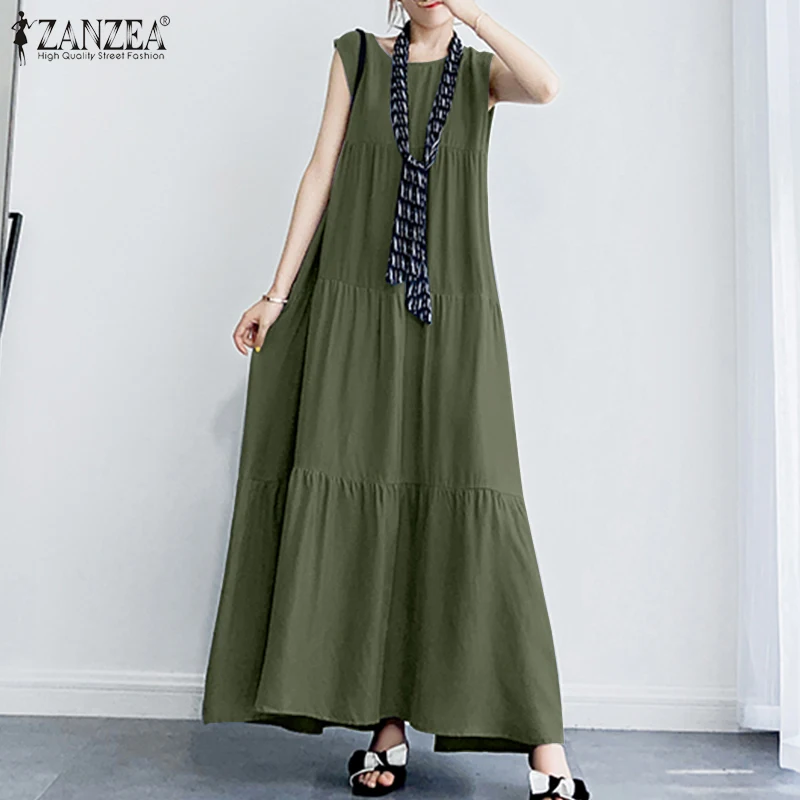 

2023 ZANZEA Casual O Neck Sleeveless Sundress Women Summer Elegant Maxi Long Dress Robe Femme Ruffles Dresses Party Vestidos