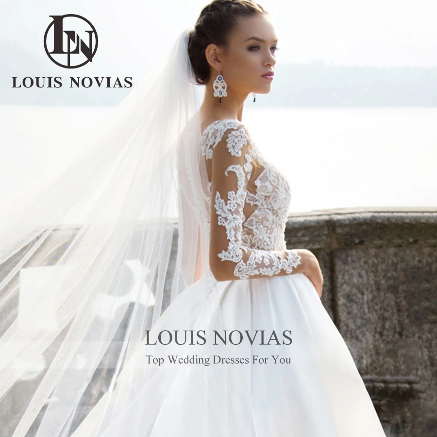 LOUIS NOVIAS 여성용 긴팔 웨딩 드레스, 섹시한 새틴 공주 신부 가운, 연인 아플리케, A 라인 베스티도 드 노비아