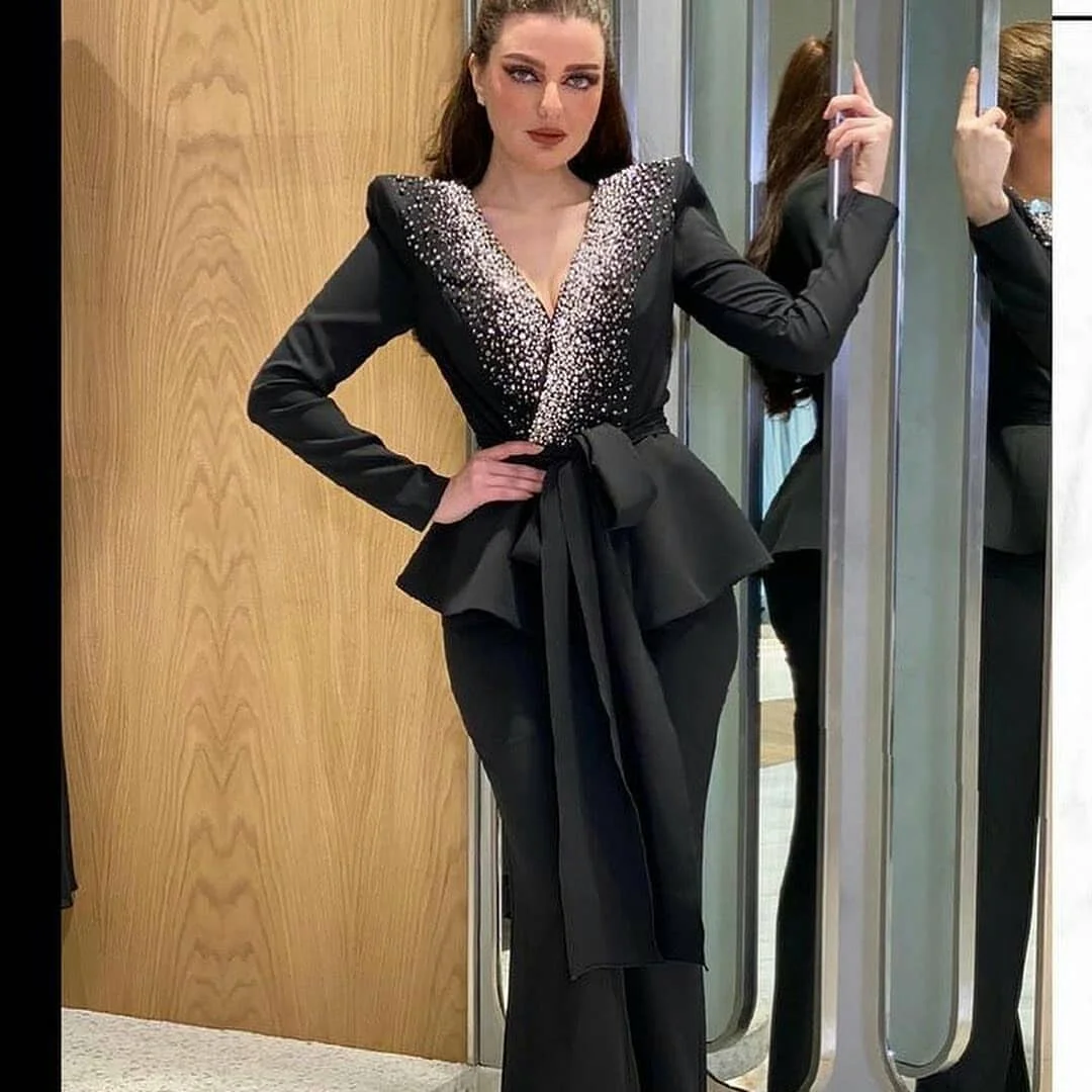 Vintage Elegant Black Women Suits Beaded Deep V Neck With Belt Jacket Custom Made Slim Fit Flare Pants Party Gown 2 Pieces Sets