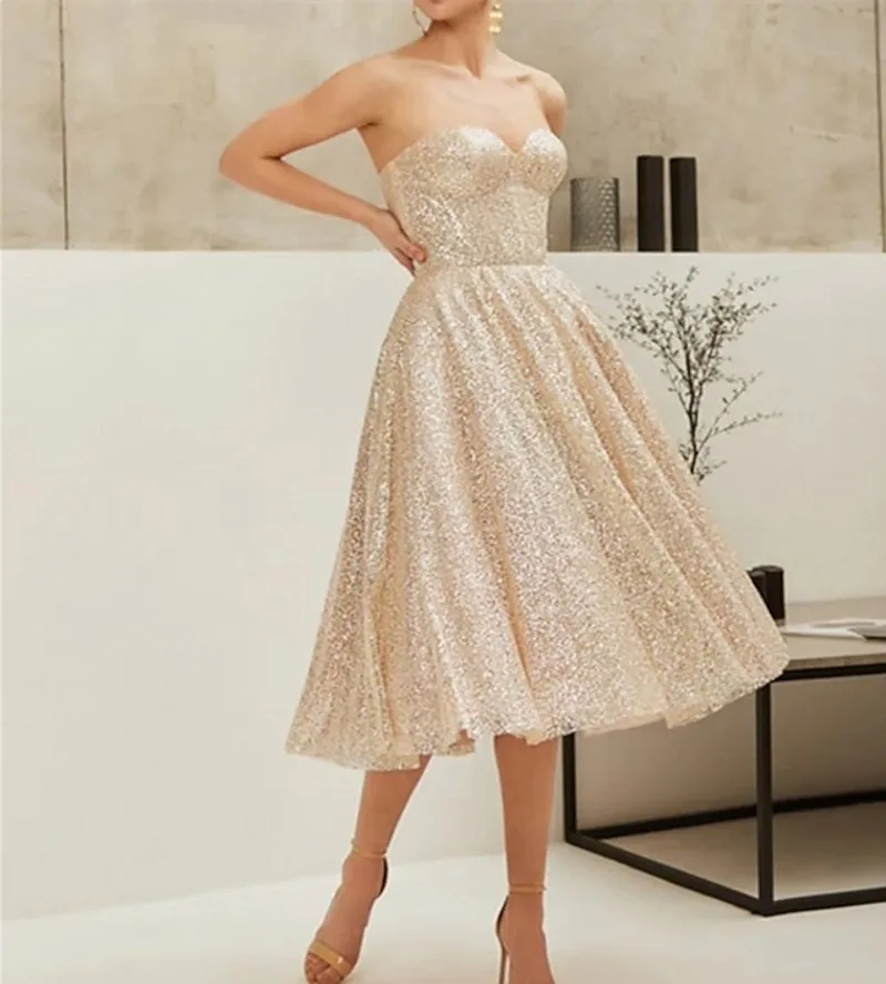 

Glittering Sparkle Gold Tea Length Homecoming Cocktail Dress Sweetheart Sequin Prom Party Gown Vestidos Robe De Soirée