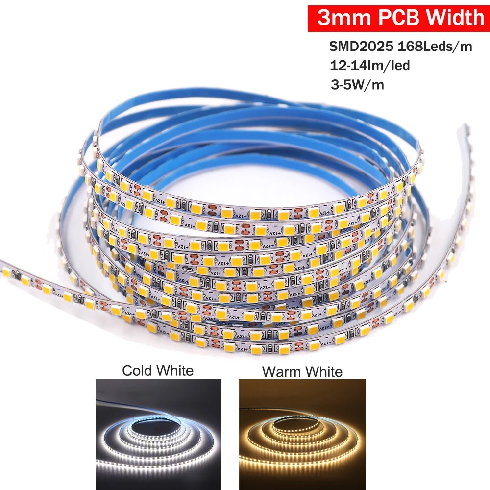 3mm Narrow Width LED Strip Light 5M DC12V 2025 168Leds/m Rape 4mm 2835 120Leds Rope Light Flexible LED Ribbon Backlight Lamp