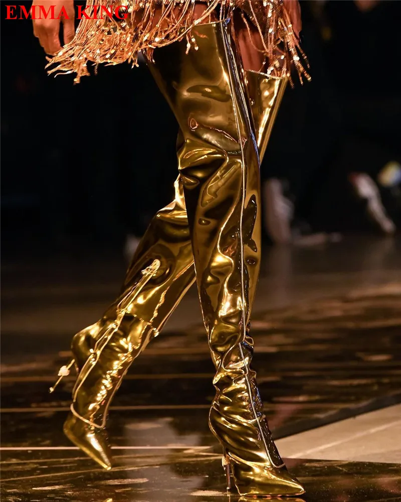 

Fashion Gold Metallic Patent Leather Thigh High Boots Runway Pointed Toe High Heels Over The Knee Boots Design Long Knight Boots