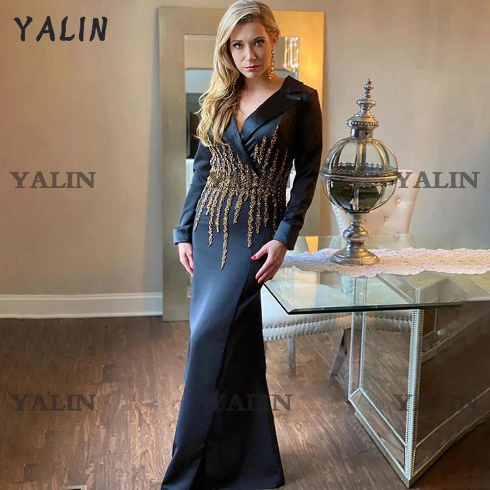 YALIN 2022 Black Mermaid Evening Dresses Long Sleeve Luxury Gold Beaded Dubai Robes De Soirée Customer Made V Neck Party Gowns