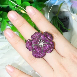 CWWZircons 3D Big Hot Pink Red Cubic Zircon Flower Adjustable Finger Ring for Women Engagement Wedding Party Bridal Jewelry R173