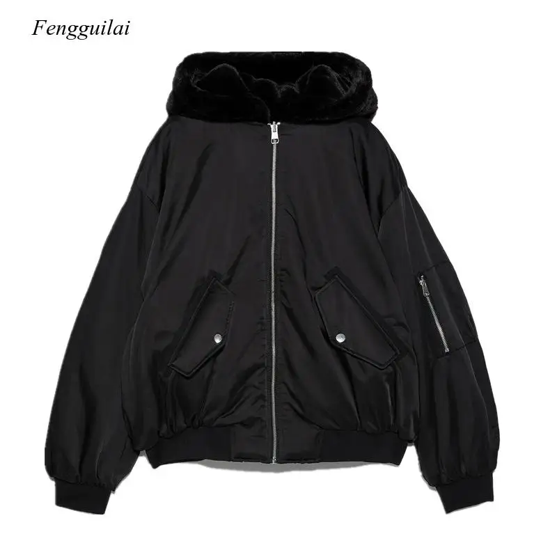 Ladies Reversible Hooded Jacket Faux Fur Fleece for Winter Womens Tops Bomber Jackets Coats Black Outwear with Long Sleeve