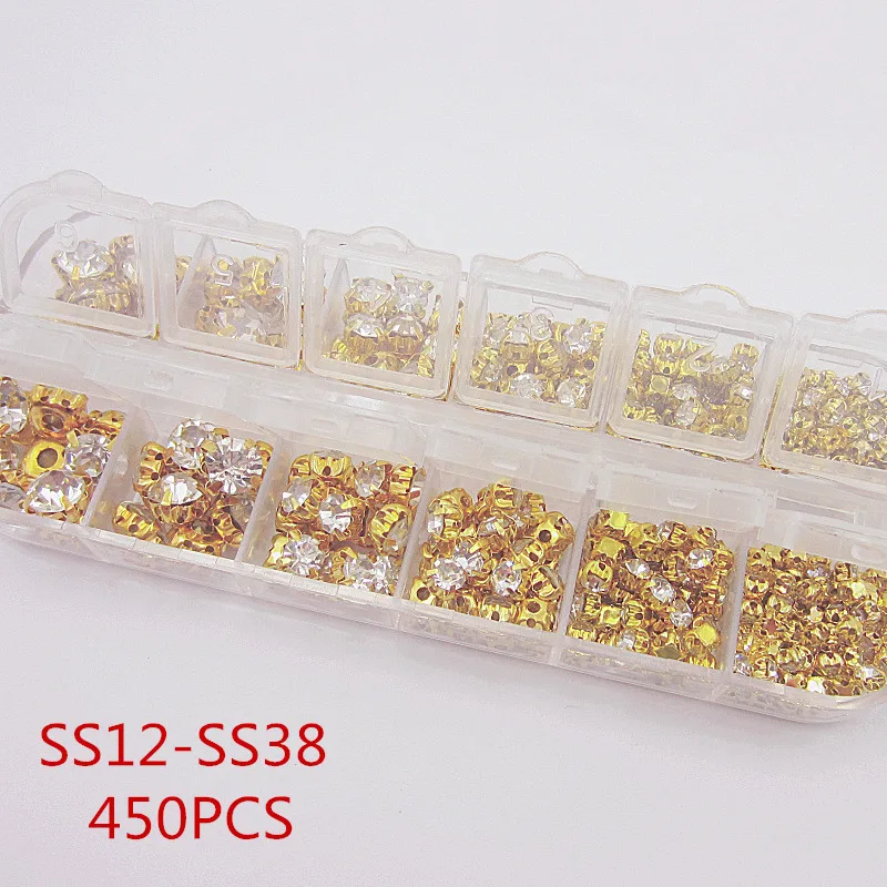 360pcs/450pcs SS12-SS38 Mix size Clear glass Crystal Silver/Golden Flatback Rhinestone sewing For Wedding dress jewelry.