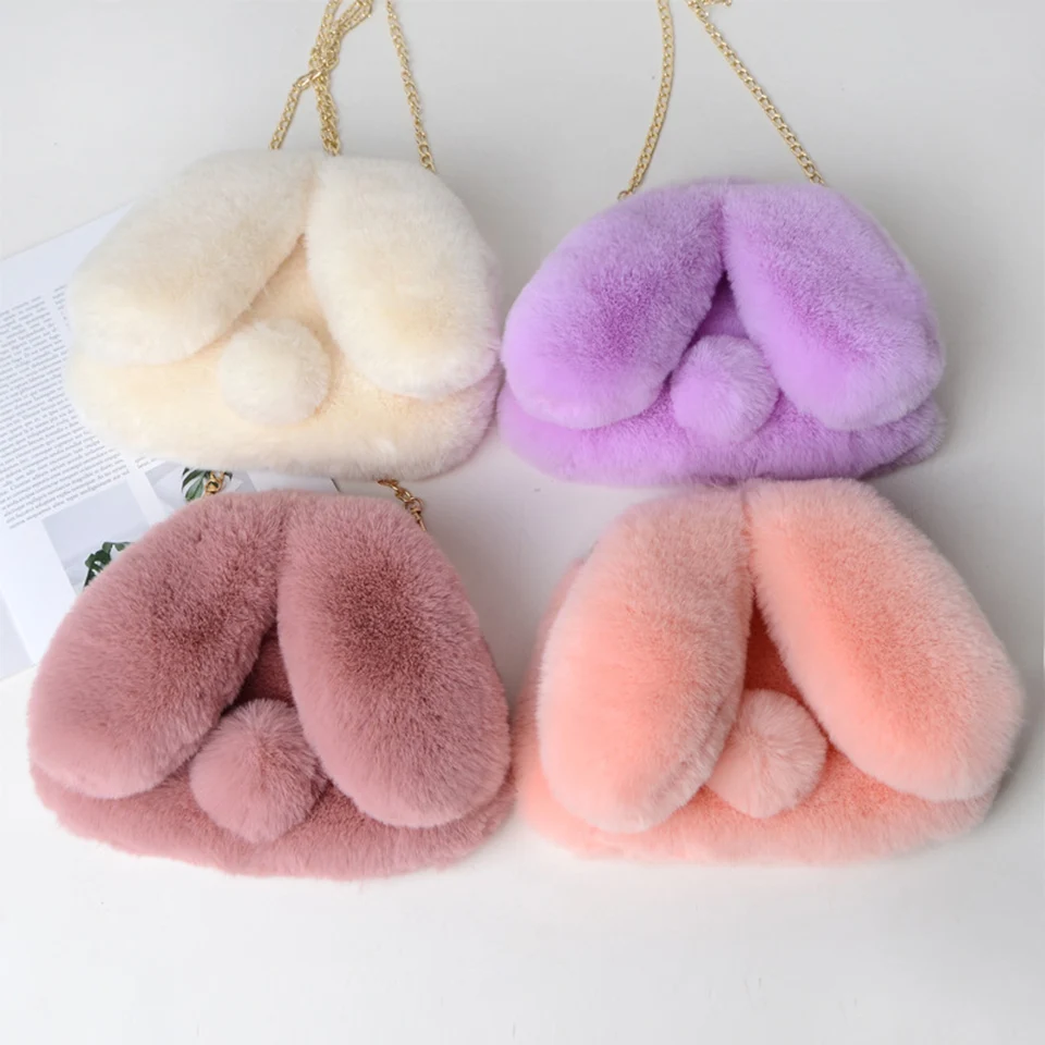 Sac à main en fausse fourrure pour femmes, sacoche à bandoulière avec chaîne en peluche douce d\'hiver, mignon lapin pour filles, 2020