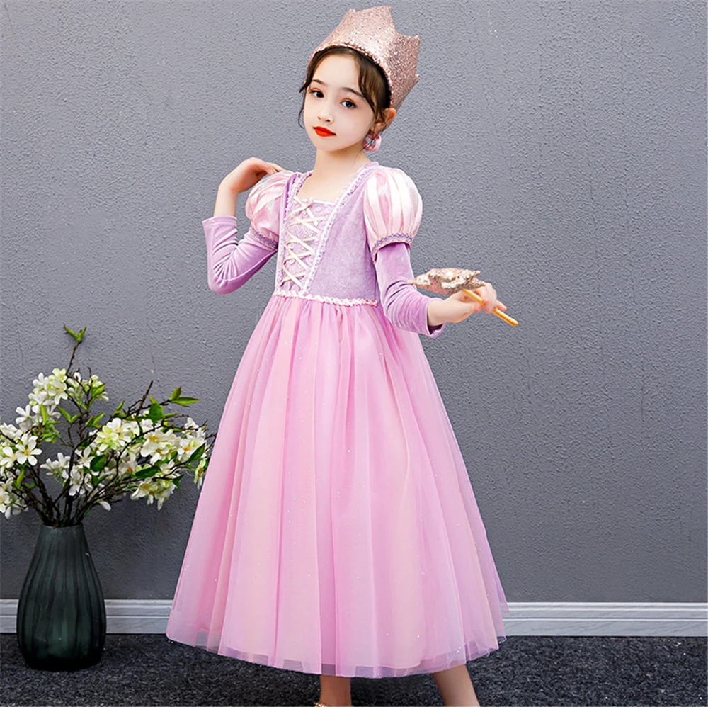 Vestido de Rapunzel para niñas, disfraz de Halloween enredado, cumpleaños, manga larga, tutú rosa, Estilo Vintage, Princesa, peluca