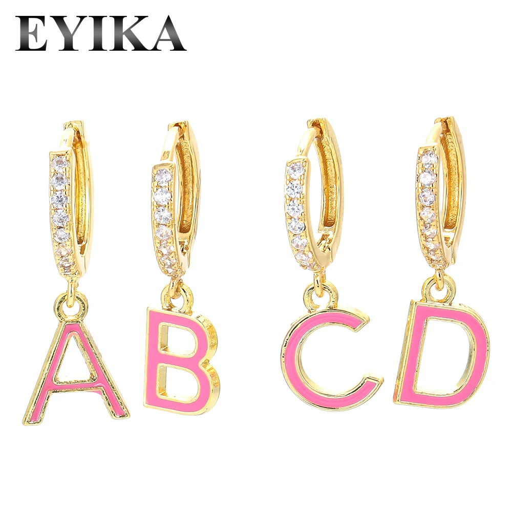 

EYIKA New Fashion 26 Initial Customize Letter Hoop Earrings Party CZ Jewelry Enamel Yellow Blue Pink Color Alphabet Drop Earring