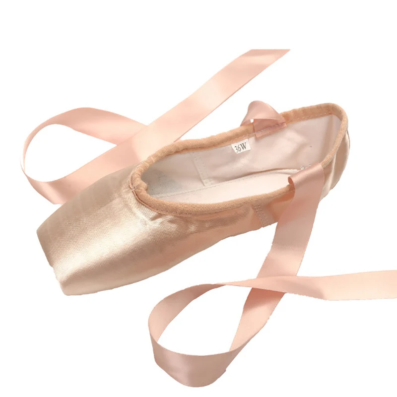 USHINE Girls Women Dance Shoe Pink Ballet Pointe Slippers Ballet Flats Shoes with Ribbons Toe Pads Pink