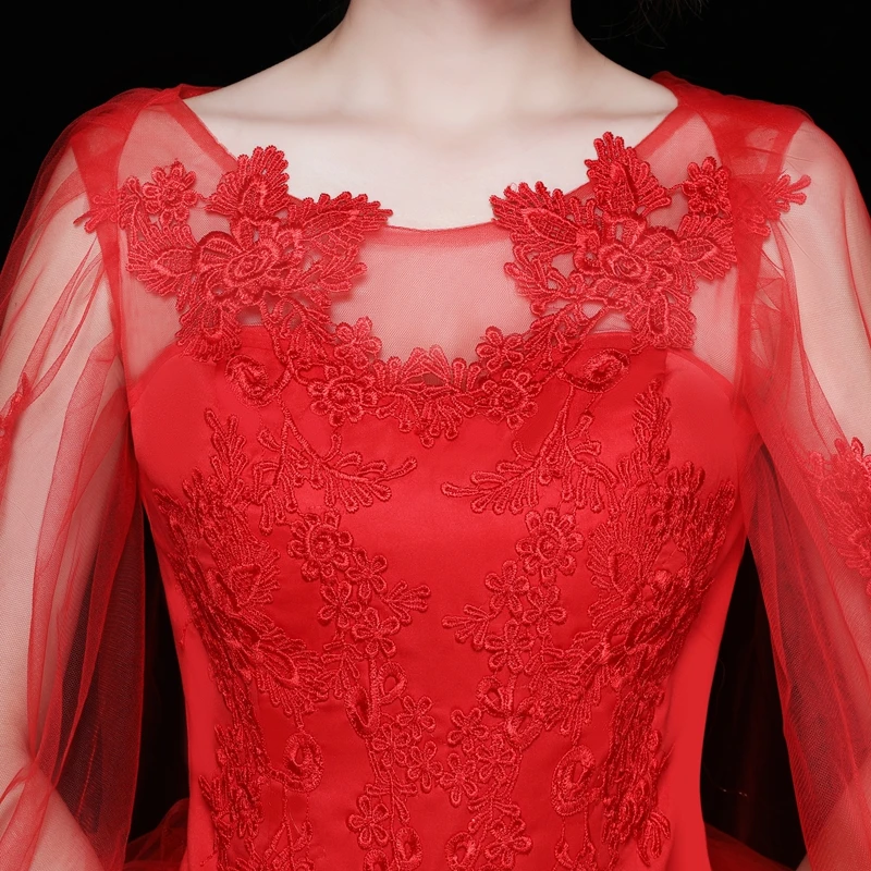 2019 Nuovo Semplice Modo di Pizzo Rosso O-Collo Abito Da Sposa per Le Spose Size 2-26W Abito Da Sposa A Buon Mercato Abito de Mariage Con Scialle Lungo 30