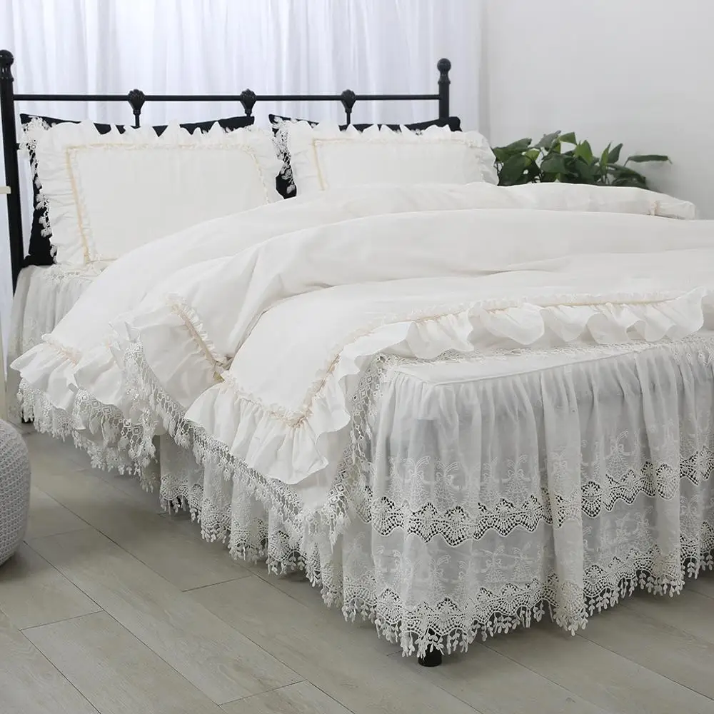 Free shipping princess ruffles white lace cutout embroidered luxury bedding set cotton ropa de cama bed skirt bedspreads YYX