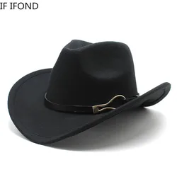 Szerokie rondo filcowy jazzowy kapelusz dżentelmen Western Cowboy Cowgirl Trilby kapelusze Sombrero Hombre ze skórą zdobione dla mężczyzn kobiety