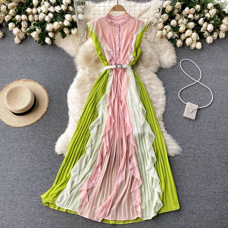 2022 New Vintage Summer Chiffon Dress Women's Clothing Ruffled Slim Pleated Bohemian Long Holiday Dress Female aq1064