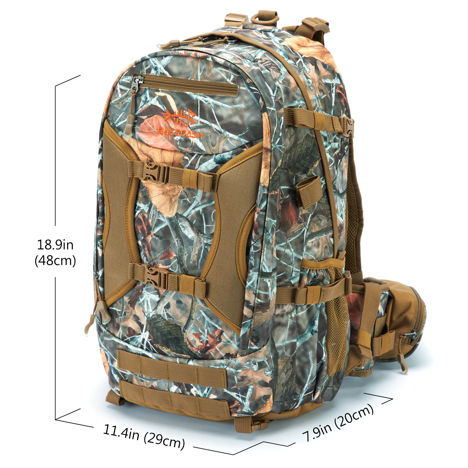 Bassdash Hunting Backpack with Bow Rifle Holder Removable Waist Belt Rain Cover Camo Hunting Pack HP01