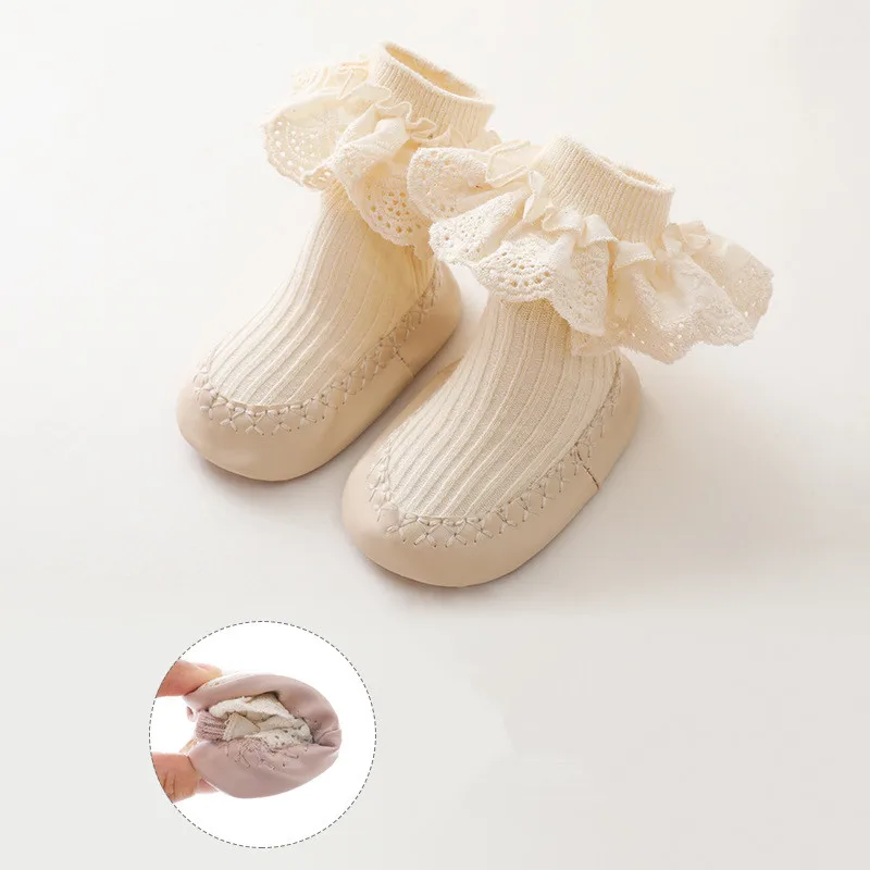 New Baby Ruffle Socks With Rubber Soles Infant Sock Newborn Autumn Children Floor Lace Flowers Shoes Anti Slip Soft Sole Sock