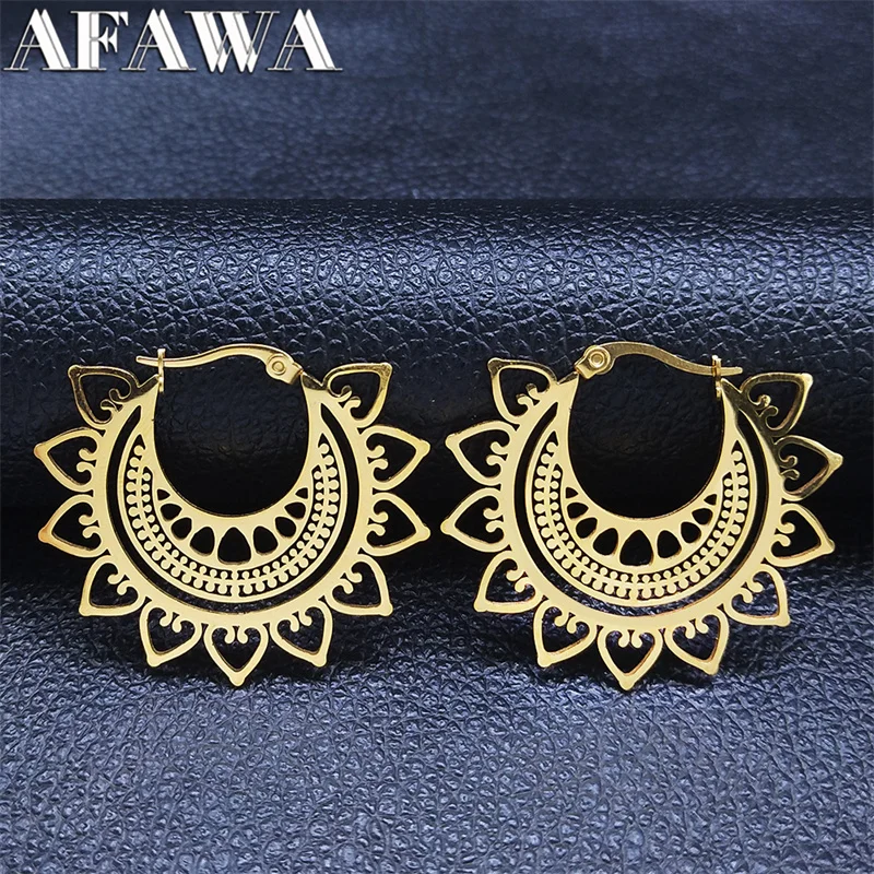 India Gypsy Tribal Ethnic Mandala Stainless Steel Earrings Women Gold Color Lotus Flower Hoop Earrings Jewelry aretes E9354S01