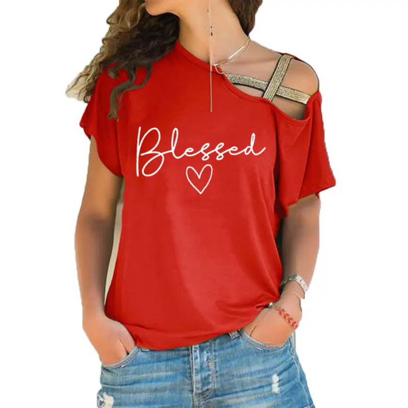 New Arrival Christian Blessed T-shirt Make a Great for Christians woman Fashion Cotton Irregular Skew Cross Bandage Tops Tee