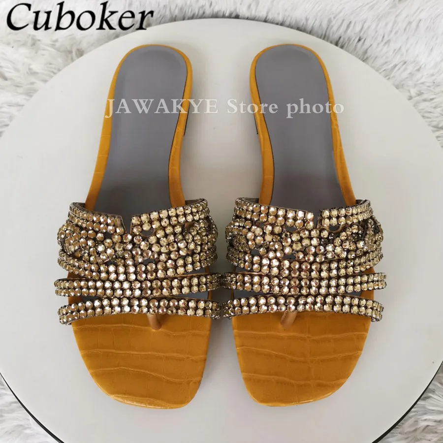 Brand Sexy Flip Flops Rhinestone Women Slippers Square Toe Flat With Crystal Ladies Slides Summer Runway Dress Beach Shoe Women