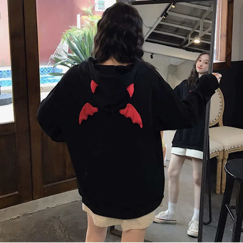 Harajuku Hoodies Girl Little Devil Horns Gothic Hooded Sweatshirts Women Demon Fly Wings Loose Pullovers Pocket Tops Streetwear