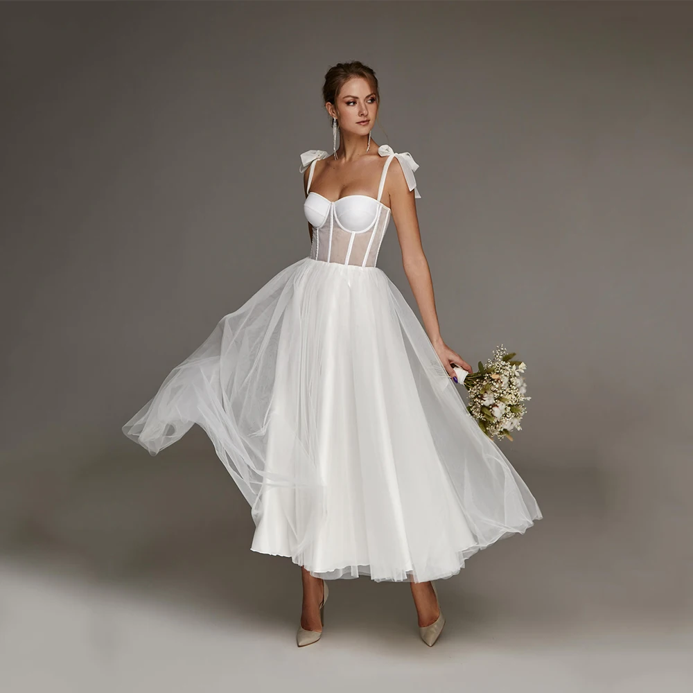 Short Wedding Dress Tea Length Civil Bridal Party Gown Bride Sleeveless A Line Simple Custom Made Sweetheart Neck Zipper Back