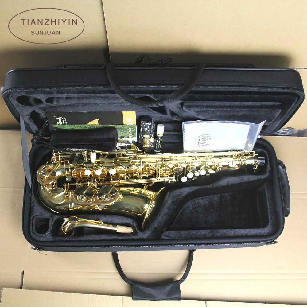 bE Alto Saxophone Brass Lacquered Gold E Flat Sax Type Woodwind Instrument with Cleaning Brush Cloth Gloves Strap