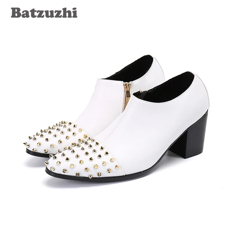 

Batzuzhi 7cm High Heels Men's Boots Genuine Leather Ankle Boots Men Shoes Toe with Rivets White Party and Wedding Shoes Boots Me