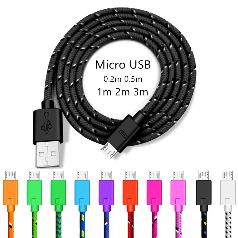 Micro USB Cable 0.2M 1M 2M 3M Nylon Braided Fast Charging microusb mobile phone data cable for samsung s7 xiaomi redmi note 5