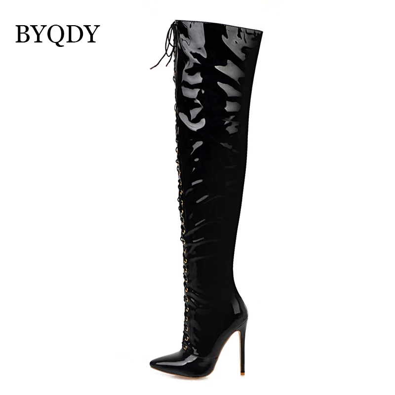 BYQDY Luxury Brand Sexy PU Leather Cross Strap Over the Knee Boots Woman Pointed Toe Bandage Stiletto Heel Long Boots Large Size