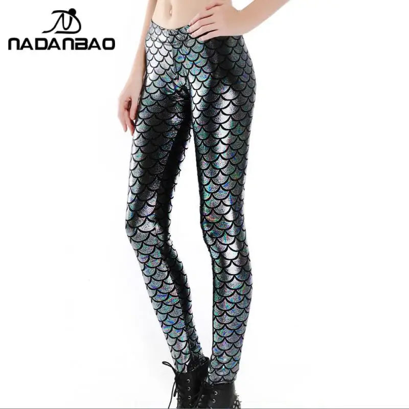 NADANBAO Sereia Peixe Escala Leggings Mulheres Sexy Calças De Couro Brilhante Alta Wasit Workout Calças Multicolor Fitness Inferior