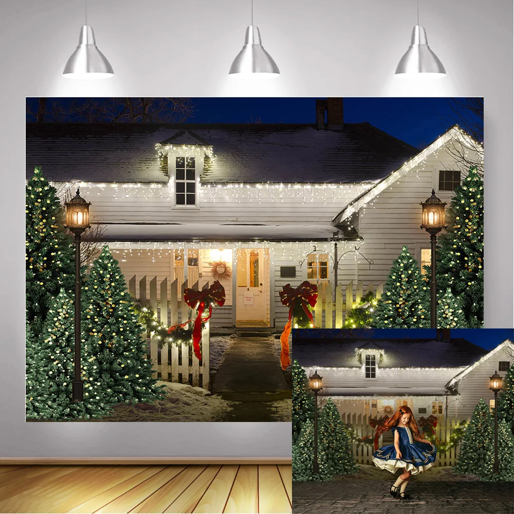 Christmas Photography Backdrop Photo Studio Winter Frozen-house Snow Background Xmas Green Christmas Tree Street Lamp Photocall