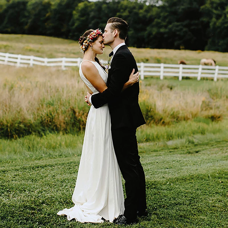 Robe de mariée en mousseline de soie, style Boho, avec traîne à balayage, sur mesure, trou de serrure, ivoire, blanc cassé, grande taille, Simple, dos nu