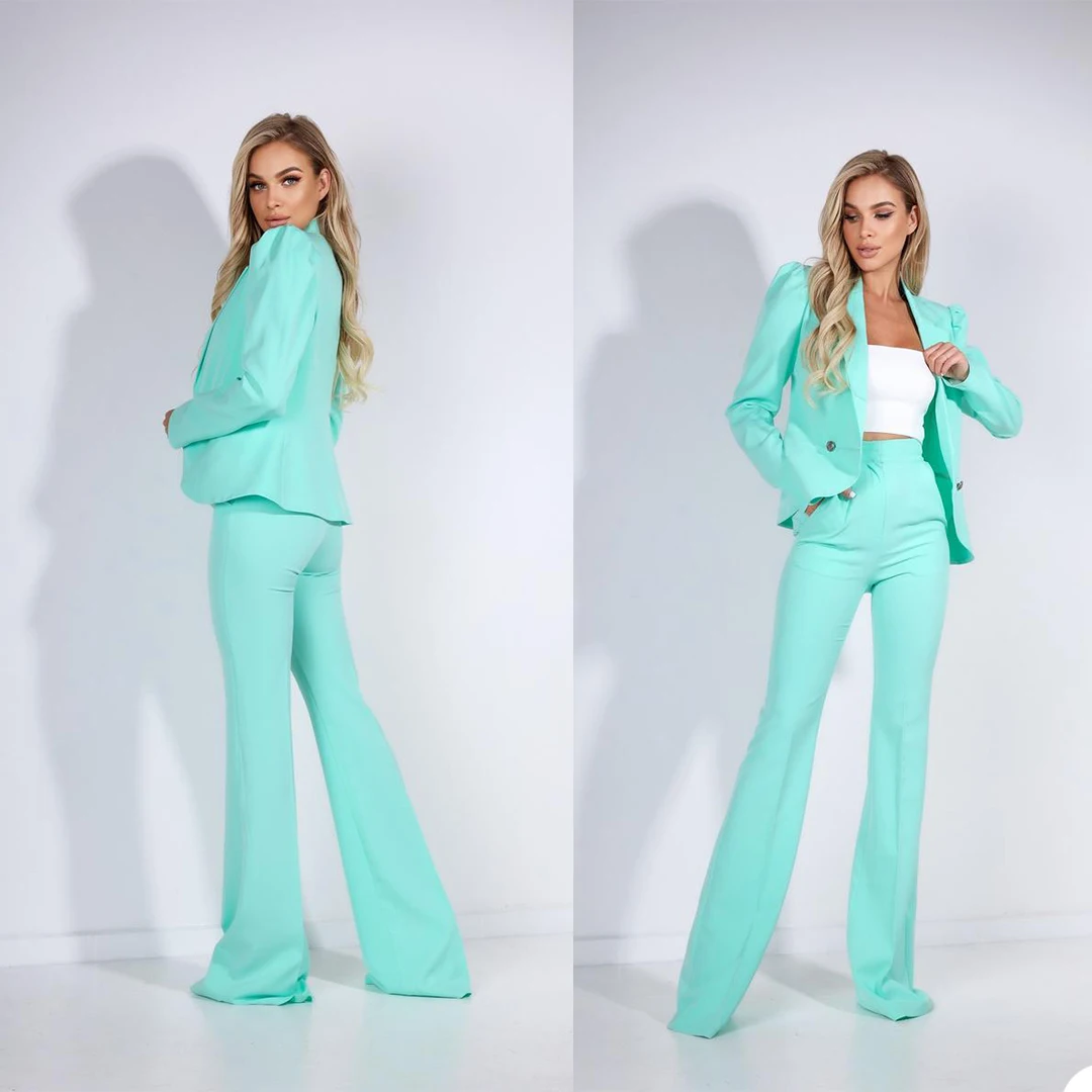 Classic Women 2 Pieces Blazer Suits Notched Lapel Pocket Jacket Flares Pants Office Lady Casual Daily Streetwear Set