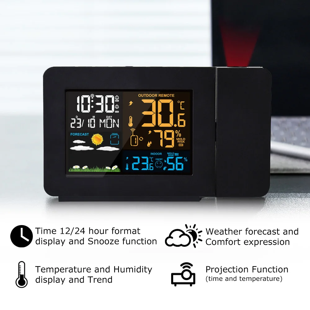 FanJu FJ3391 Weather Station Digital Table Clock Projector Temperature Time Projection Humidity Double Alarm Wireless Sensor