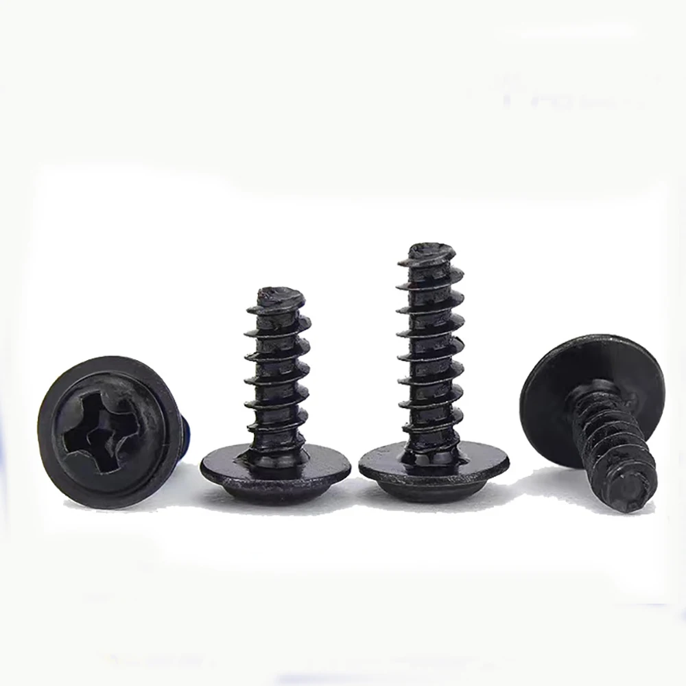 100pcs/Lot PWB Round Head W/ Washer Self-tapping Screw Black Plated Carbon Steel Truss Screw M1.4 M1.7 M2 M2.3 M2.6 M3 M3.5 M4