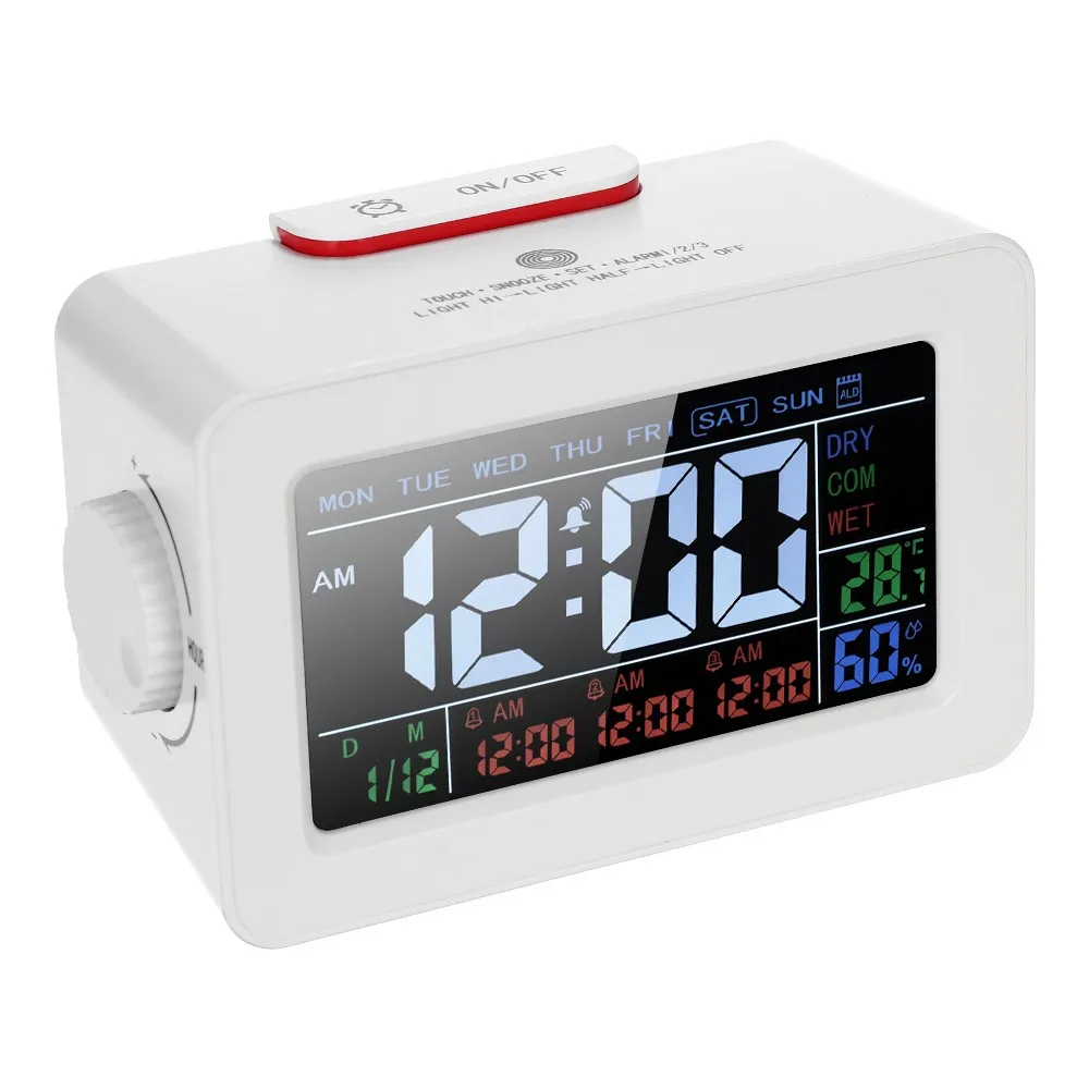 

LCD Digital Thermometer Hygrometer Clock Temperature Humidity Meter 3 Alarm Clocks Snooze Backlight Color Screen Display