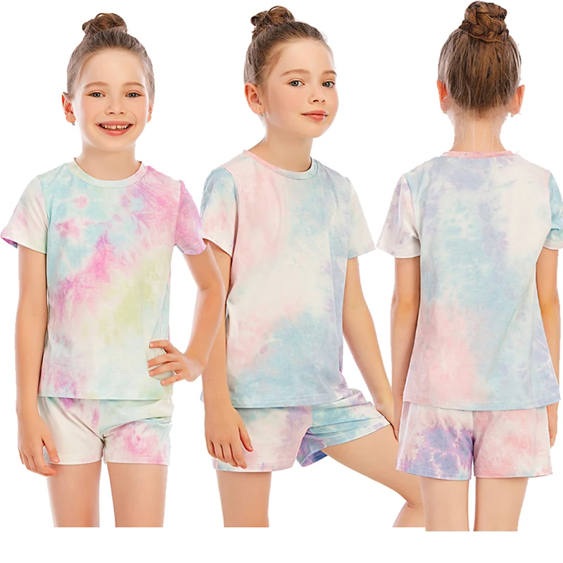 

Aamikast Short sleeve Cotton Girls' sports suit summer Bandhnu clothing new tie-dye printing parent-child wear