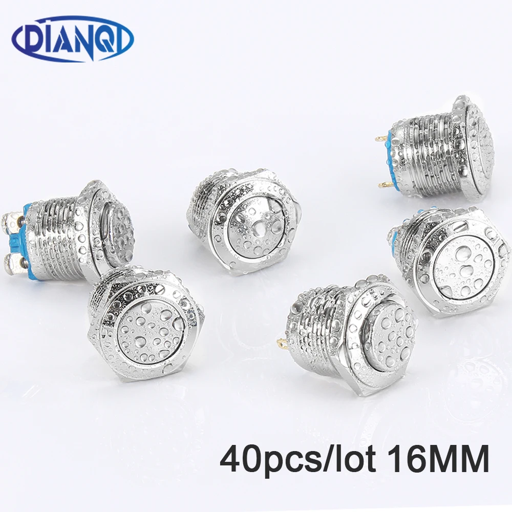 

40pcs/lot 16mm Push Button Switch Waterproof Nickel Plated Brass Press Button Selfreset 1NO High Flat Domed Round Momentary