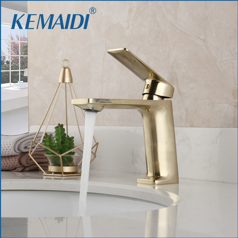 KEMAIDI Solid Brass Brush Golden Bathroom Basin Faucet Deck Mounted Vanity Mixer Single Lever Tap Plumbing Fixture Tap